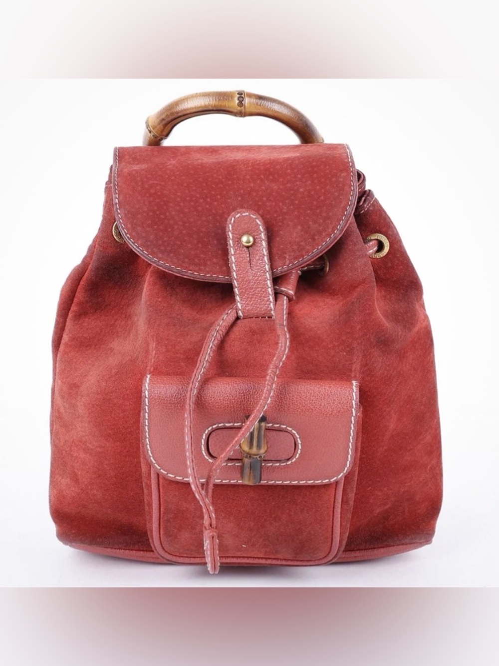 GUCCI /// Red Suede Drawstring Backpack with Bamboo Handle *VINTAGE* - Picture 2 of 2